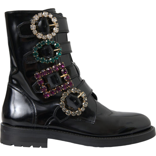 Black Leather Crystal Buckles Boots Shoes