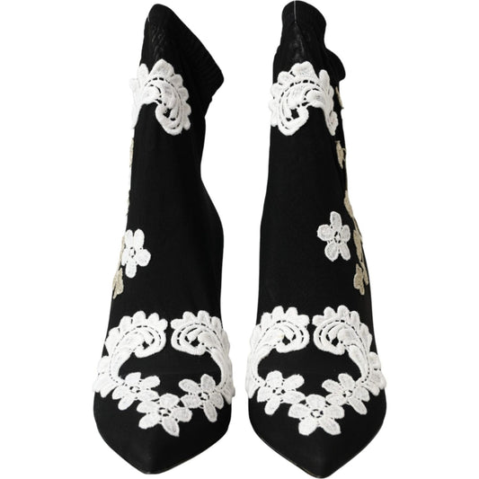 Black White Embroidery Slip On Boots Shoes