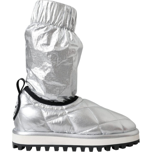 Metallic Silver Quilted Logo Patch Boot Shoes