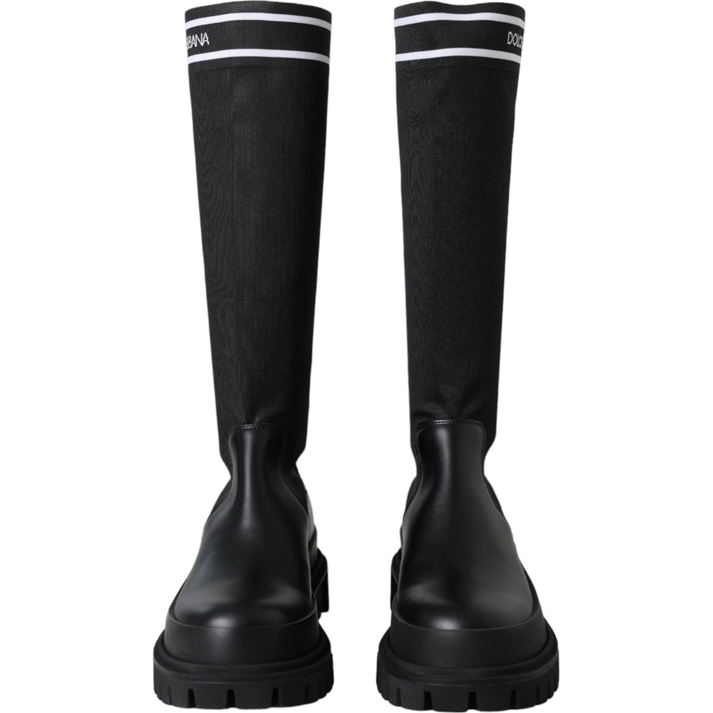 Dolce & Gabbana Black Leather Stretch Jersey Boots Shoes Dolce & Gabbana