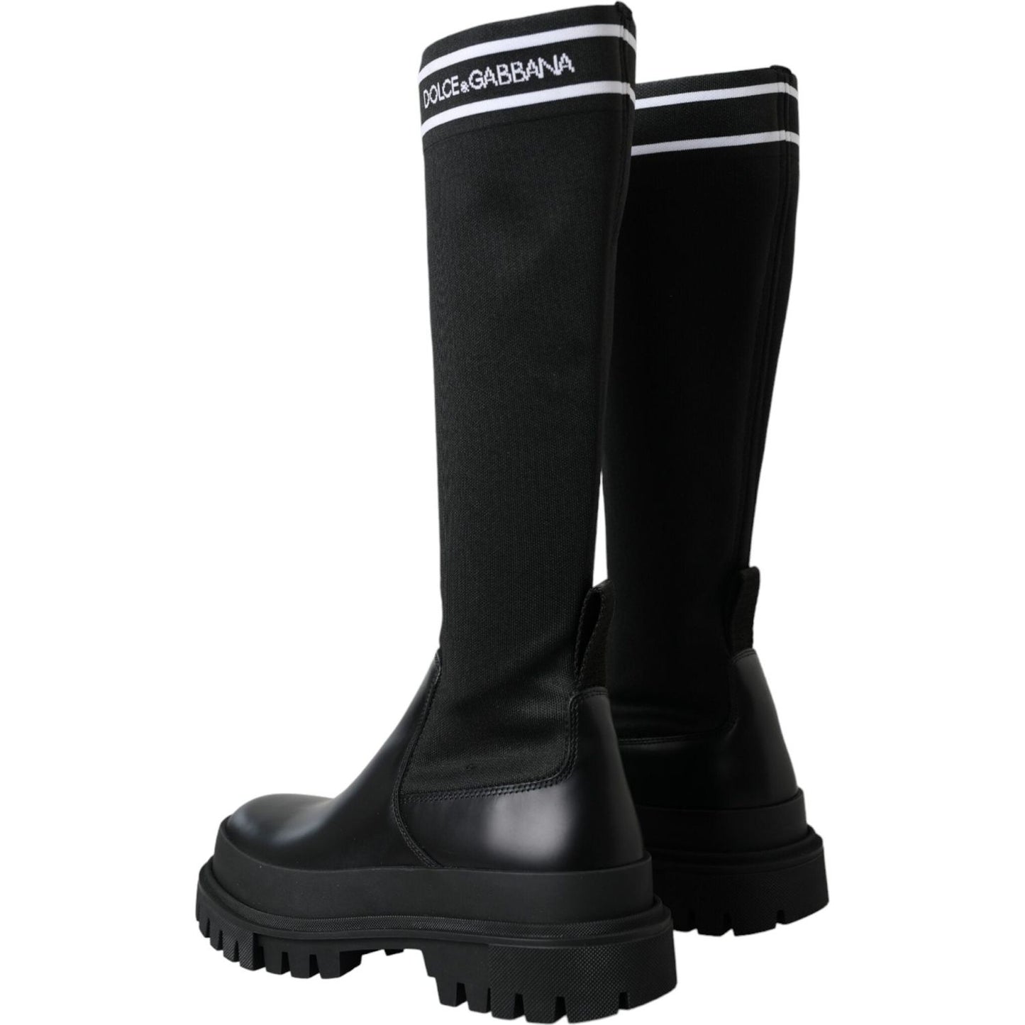 Dolce & Gabbana Black Leather Stretch Jersey Boots Shoes Dolce & Gabbana