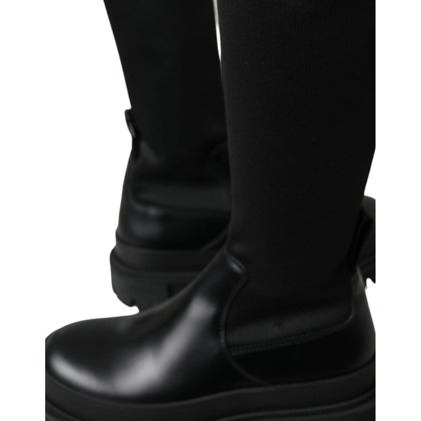 Dolce & Gabbana Black Leather Stretch Jersey Boots Shoes Dolce & Gabbana