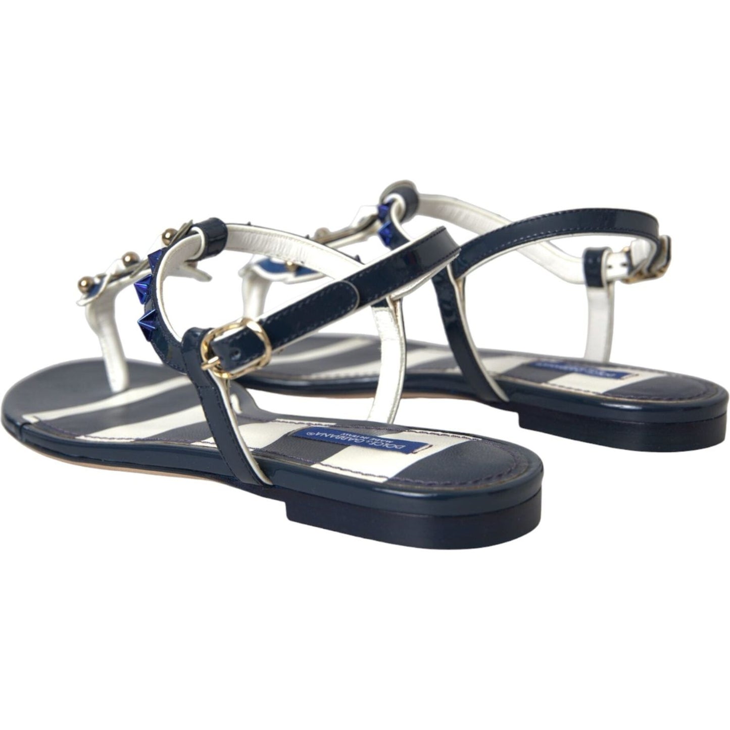 Dolce & Gabbana Blue Stripes Leather Studded Flats Sandals Shoes Dolce & Gabbana