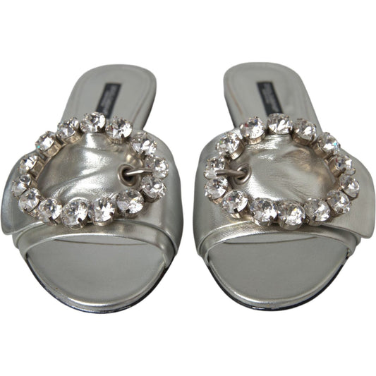 Dolce & Gabbana Silver Crystal Leather Flats Sandals Shoes Dolce & Gabbana