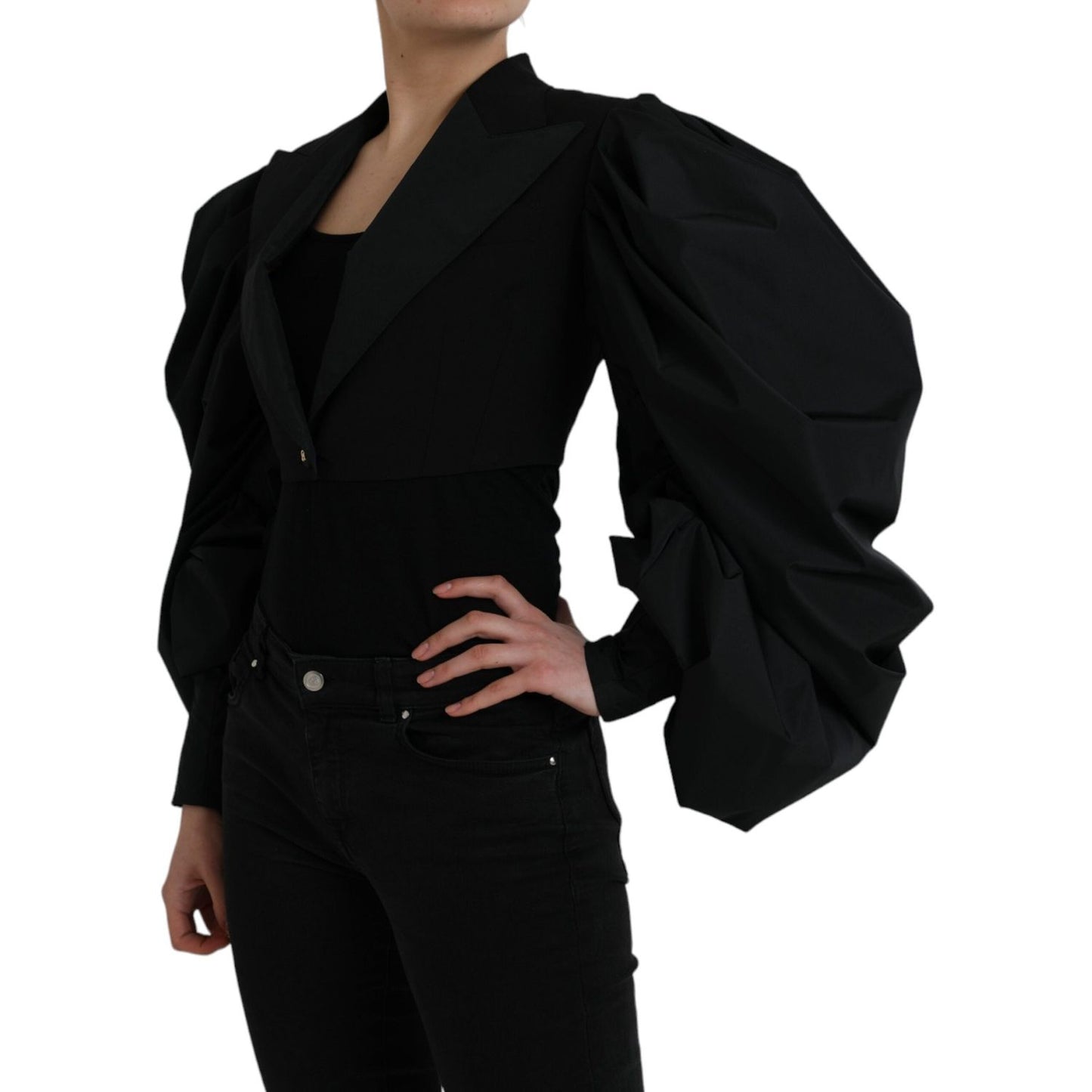 Dolce & Gabbana Black Polyester Puffed Sleeves Cropped Jacket Dolce & Gabbana