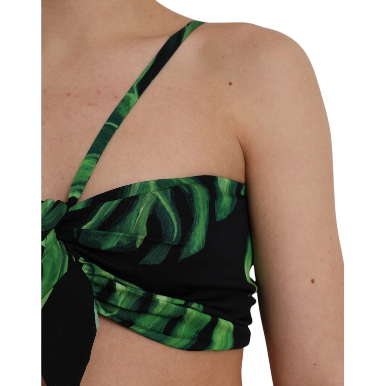 Dolce & Gabbana Black Green Leaf Silk Halter Cropped Top