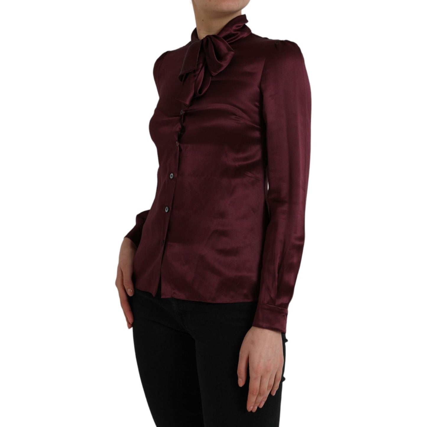 Dolce & Gabbana Maroon Ascot Collar Long Sleeve Top Blouse Dolce & Gabbana