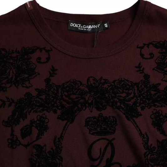 Dolce & Gabbana Maroon DG Crown Floral Crewneck Men T-shirt Dolce & Gabbana