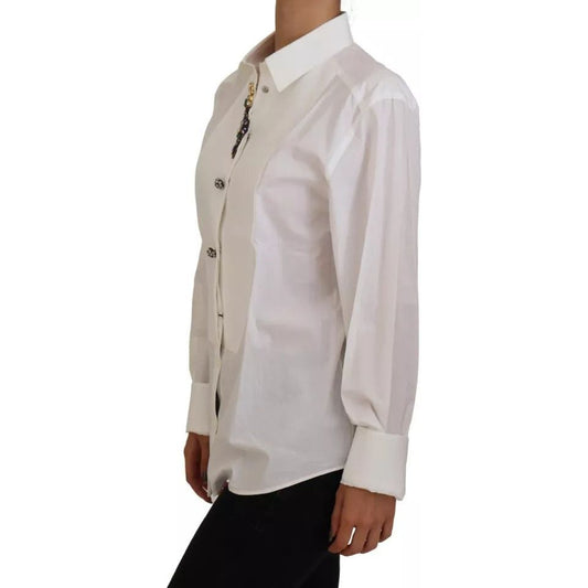 Dolce & Gabbana White Cotton Crystals Shirt Embellished Top Dolce & Gabbana