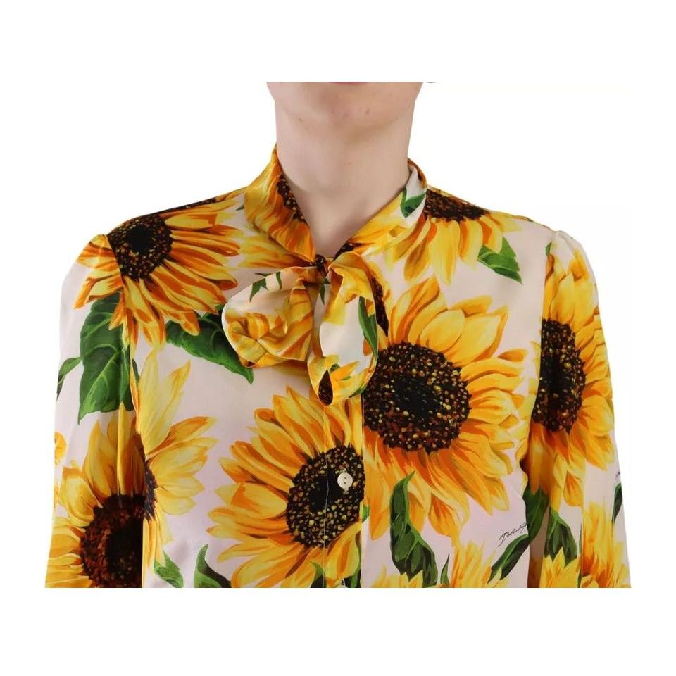 Dolce & Gabbana White Sunflower Silk Ascot Collar Blouse Top Dolce & Gabbana