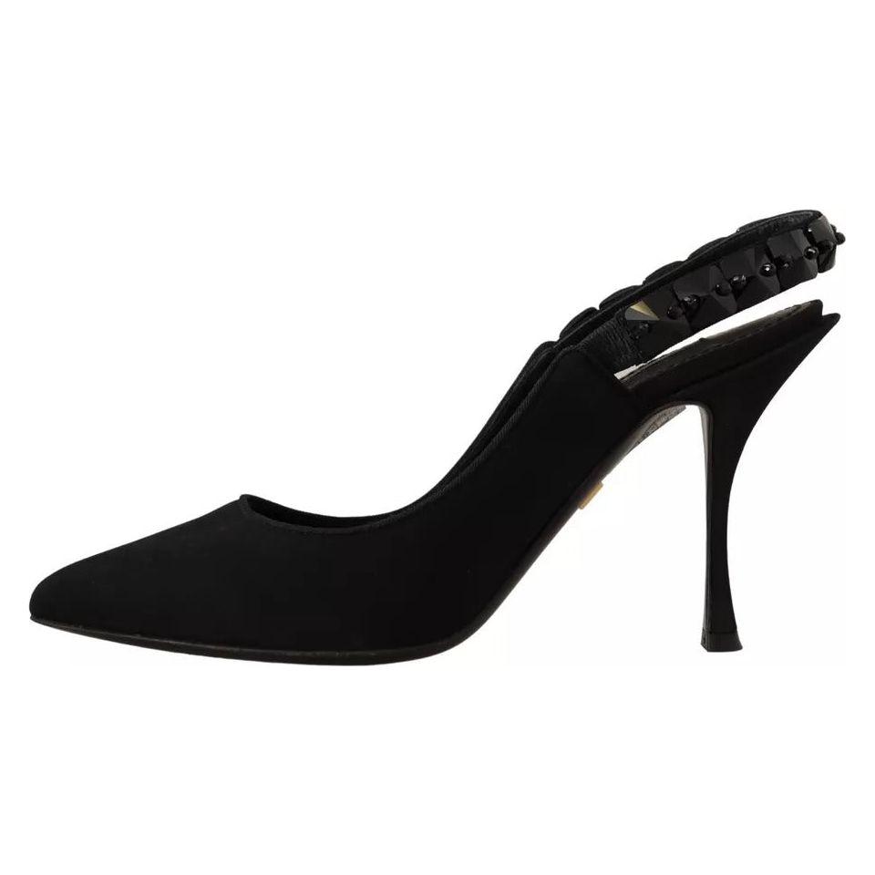 Dolce & Gabbana Black Embellished Heels Slingback Charmeuse Shoes Dolce & Gabbana