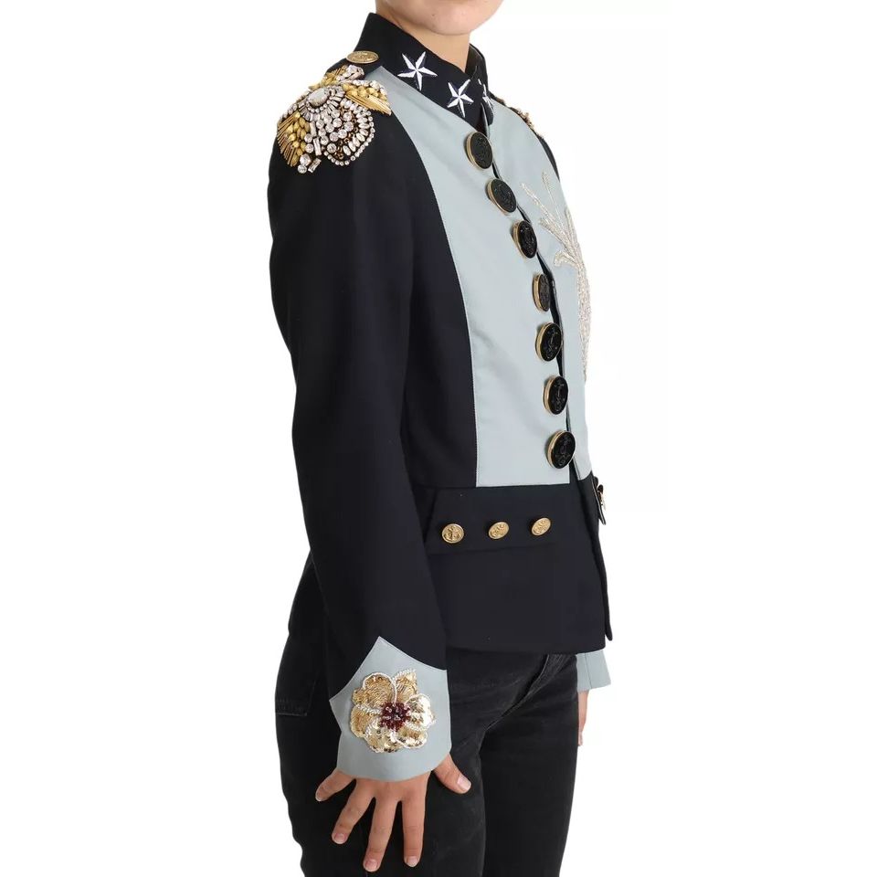 Dolce & Gabbana Blue Button Crystal Embellished Cotton Jacket