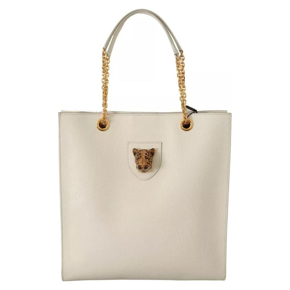 Dolce & Gabbana White Crystal Leopard Head Leather JUNGLE Tote Bag Dolce & Gabbana