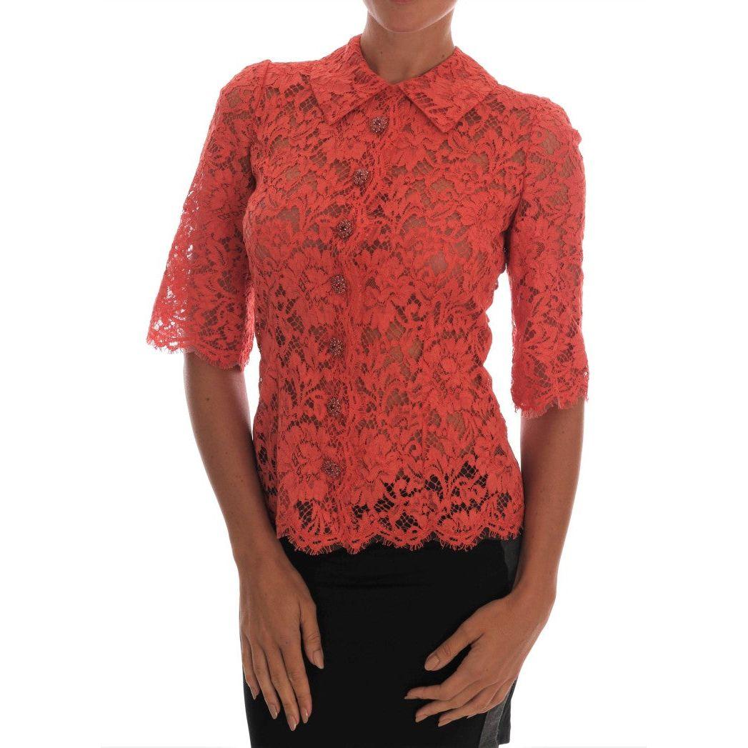 Dolce & Gabbana Orange Crystal Buttons Floral Lace Blouse