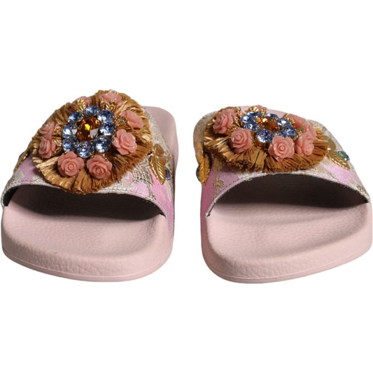 Dolce & Gabbana Pink Brocade Crystal Sandals Slides Beachwear Shoes Dolce & Gabbana