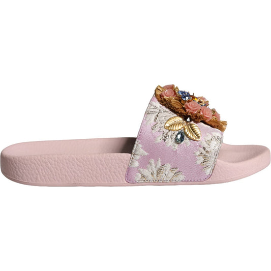 Dolce & Gabbana Pink Brocade Crystal Sandals Slides Beachwear Shoes Dolce & Gabbana