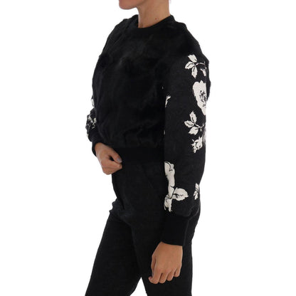 Dolce & Gabbana Black Fur Floral Brocade Zipper Sweater
