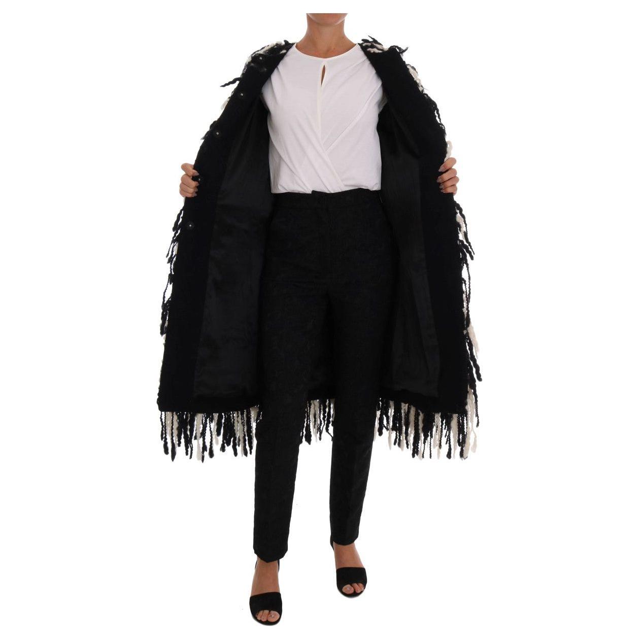 Dolce & Gabbana Black and White Fringed Wool Coat Jacket Coats & Jackets Dolce & Gabbana