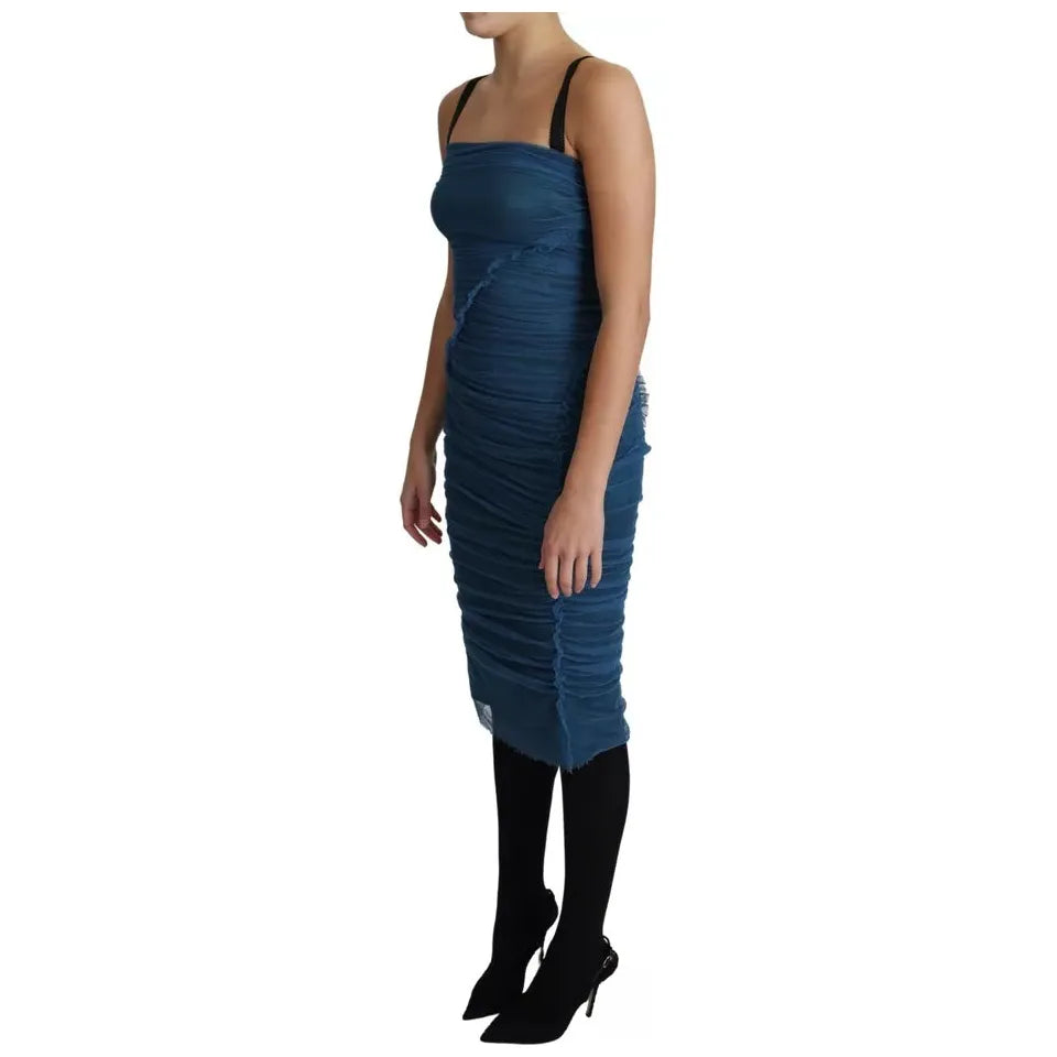 Dolce & Gabbana Blue Draped Tulle Midi Sheath Cotton Dress