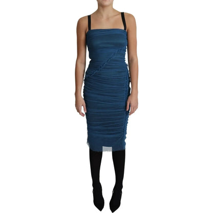 Dolce & Gabbana Blue Draped Tulle Midi Sheath Cotton Dress