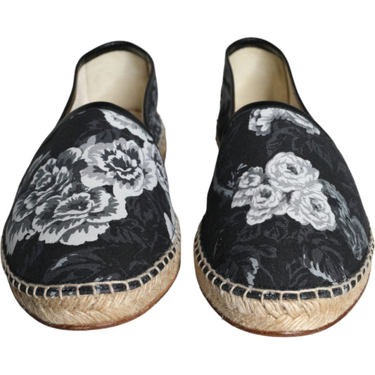 Dolce & Gabbana Black Floral Cotton Leather Espadrilles Shoes Dolce & Gabbana