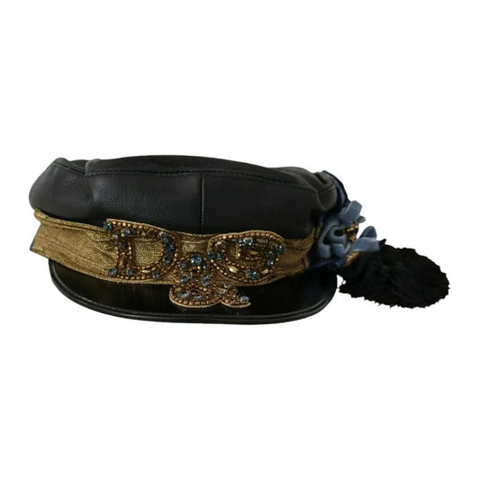 Black Leather Crystal Beads Gold Ribbon Fiddler Cap