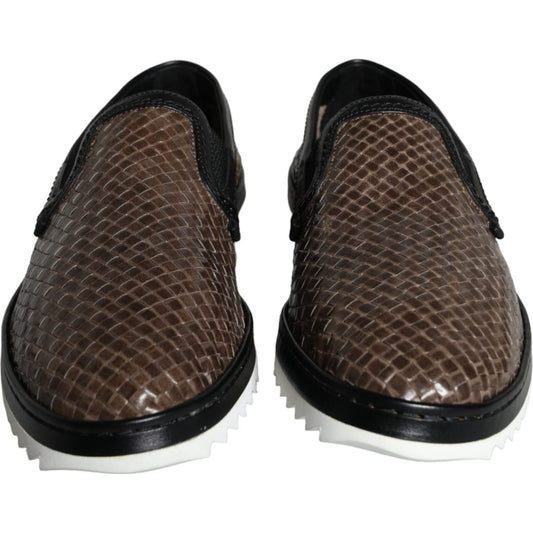 Brown Black Leather Weaved Men Loafers Shoes