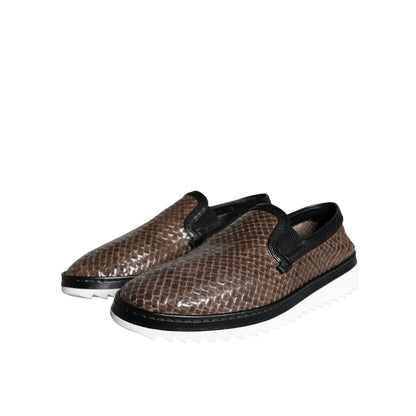 Dolce & Gabbana Brown Black Leather Weaved Men Loafers Shoes