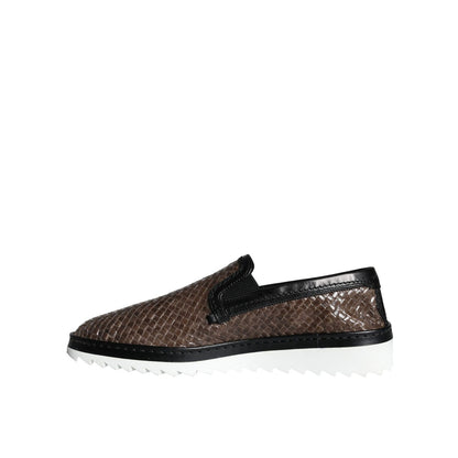 Dolce & Gabbana Brown Black Leather Weaved Men Loafers Shoes