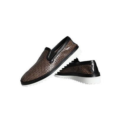 Dolce & Gabbana Brown Black Leather Weaved Men Loafers Shoes