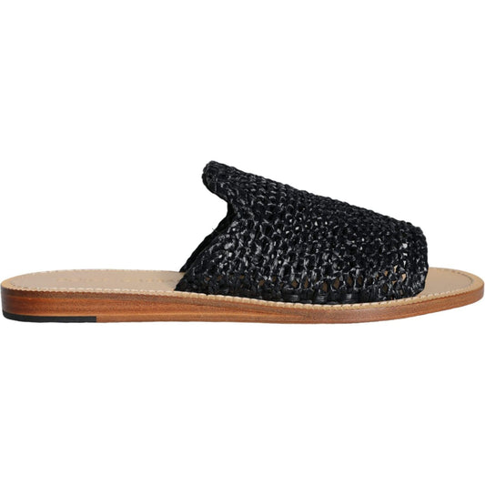 Dolce & Gabbana Black Monochrome Braided Raffia Slides Shoes 1728,67345645728,Black,Dolce & Gabbana,EU42/US9,Flats - Shoes,Material: 100% Viscose,Men,Preowned / Defect,Sandals - Men - Shoes,Shoes,Slides - Flats - Shoes