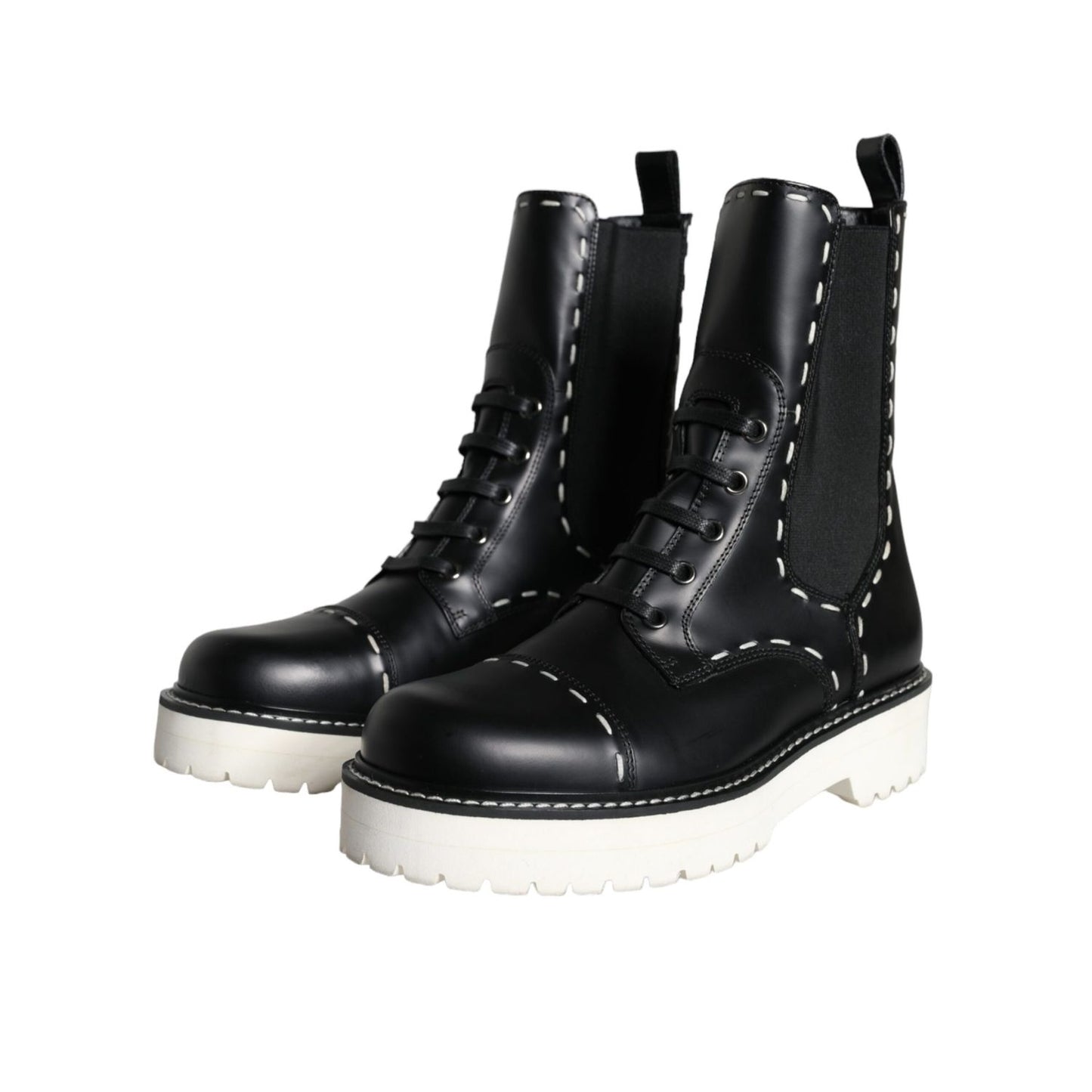 Dolce & Gabbana Black Leather Combat Mid Calf Boots Shoes