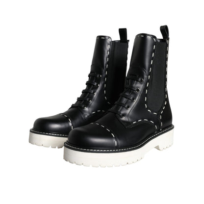 Dolce & Gabbana Black Leather Combat Mid Calf Boots Shoes