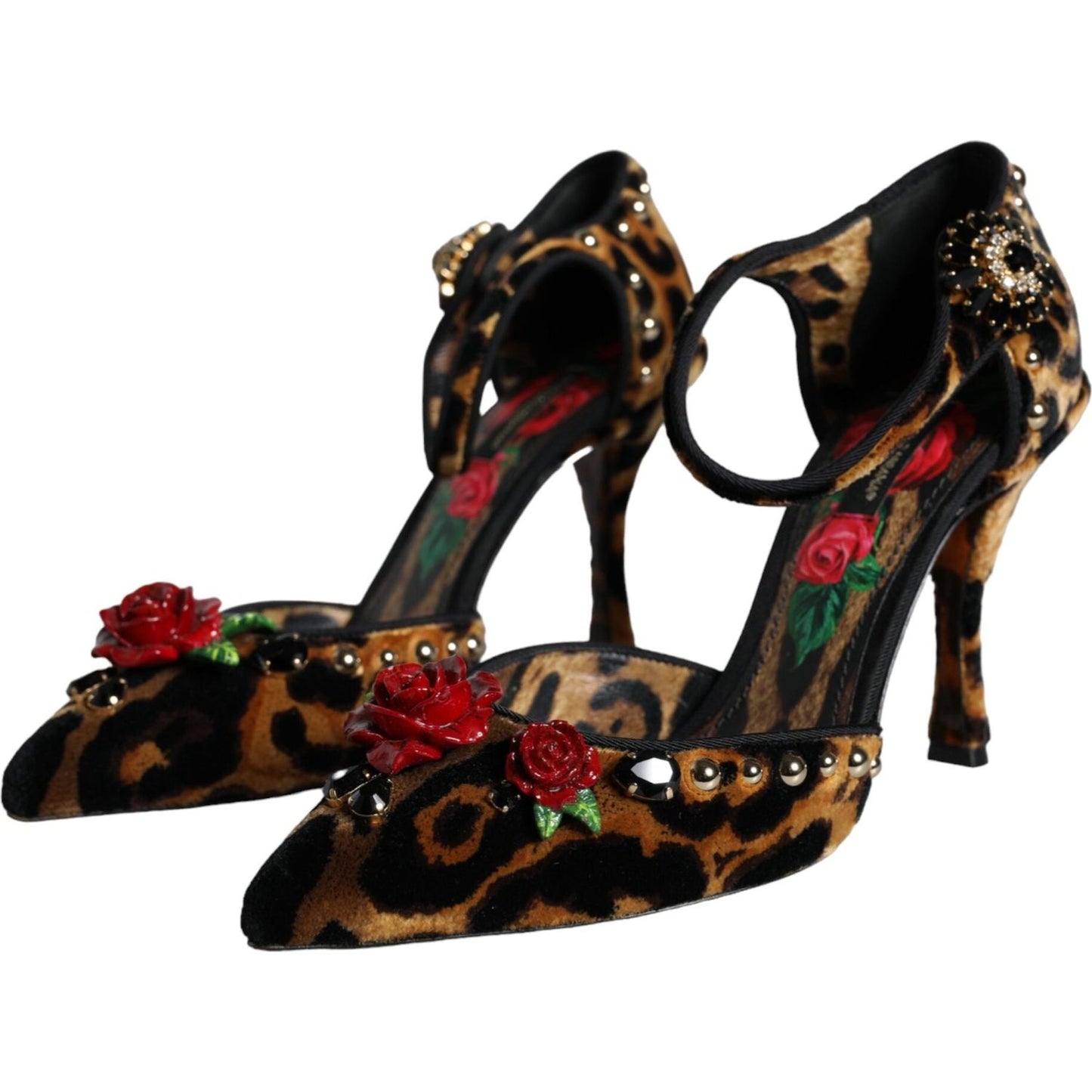 Dolce & Gabbana Brown Leopard Floral Crystal Ankle Strap Pumps Shoes Dolce & Gabbana