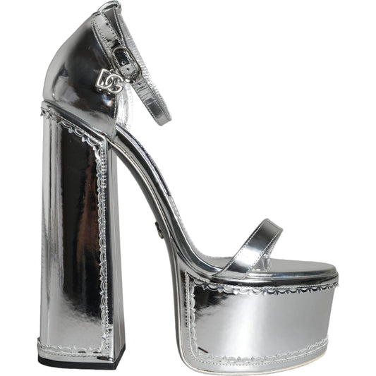 Dolce & Gabbana Silver Leather Platform Ankle Strap Sandals Shoes Dolce & Gabbana