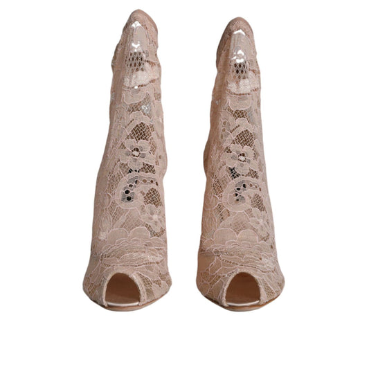 Dolce & Gabbana Beige Stretch Taormina Lace Boots Shoes