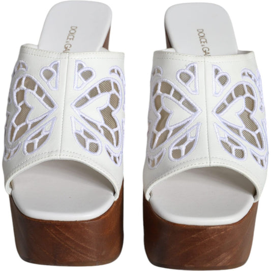 Dolce & Gabbana White Leather Wood Mules Wedge Slides Shoes Dolce & Gabbana