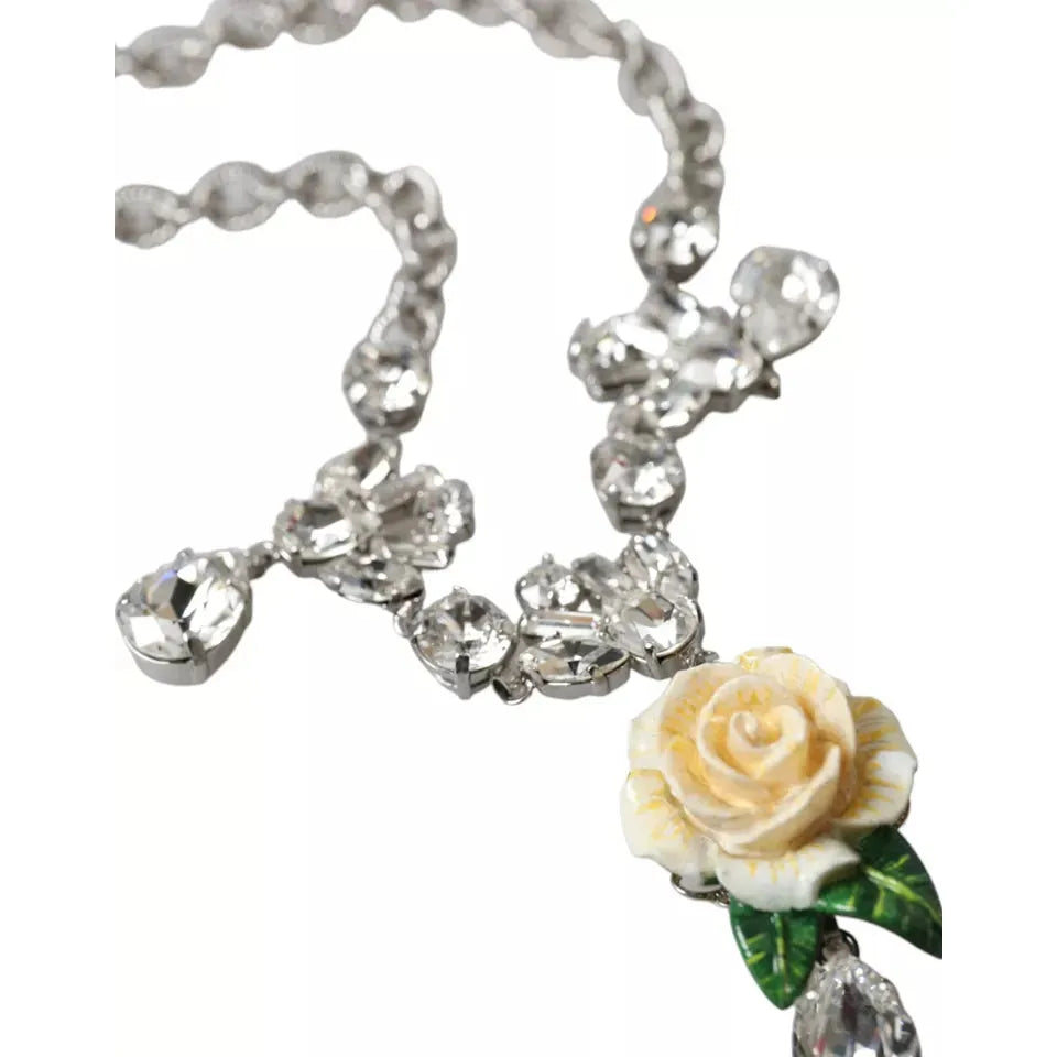 Dolce & Gabbana Silver Brass Clear Crystal Roses Pendants Necklace Dolce & Gabbana