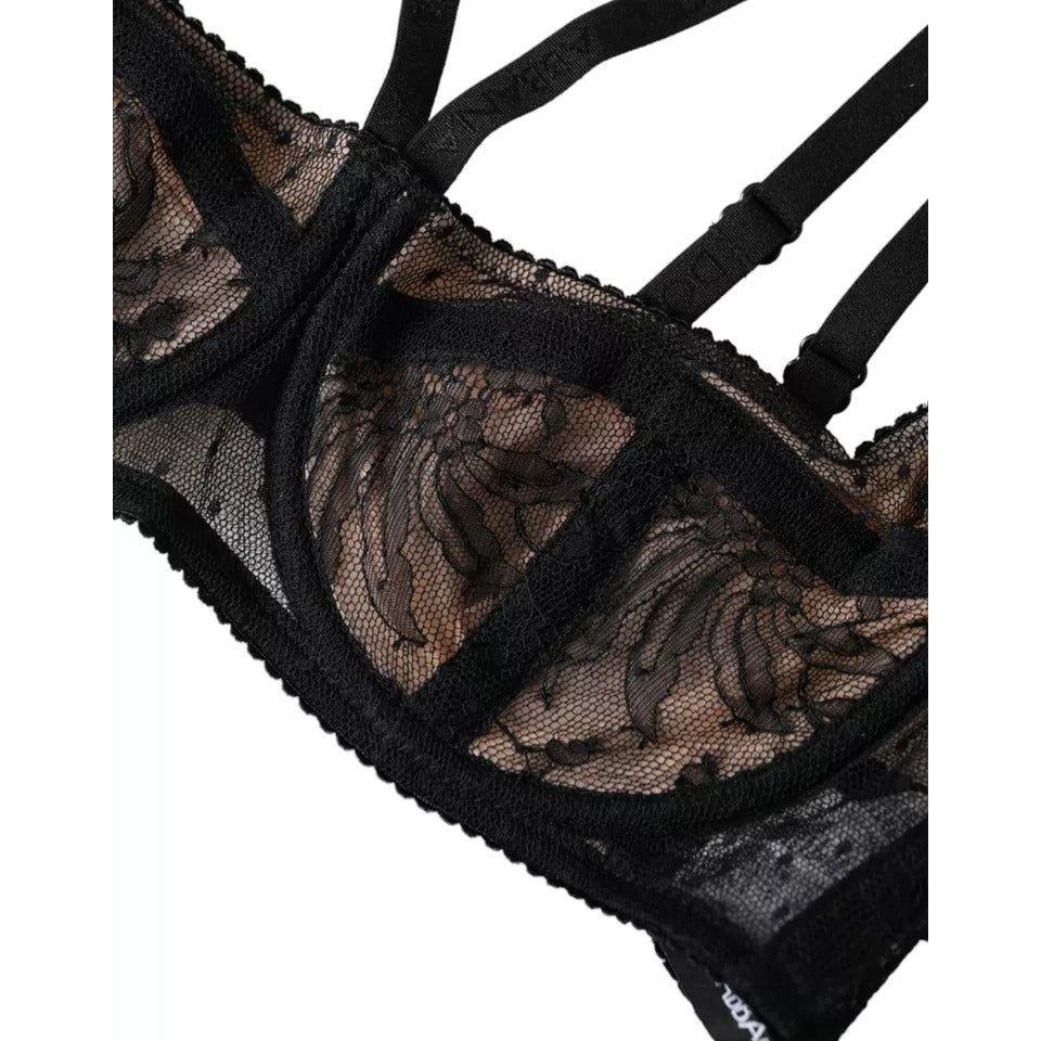 Dolce & Gabbana Black Floral Lace Nylon Balconcino Bra Underwear Dolce & Gabbana