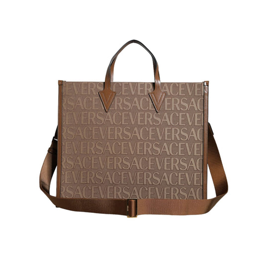 Versace Brown Top Handle Jacquard Leather Logo Crossbody Tote Bag Versace