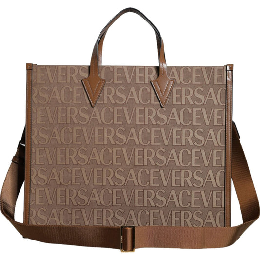 Versace Brown Top Handle Jacquard Leather Logo Crossbody Tote Bag Versace