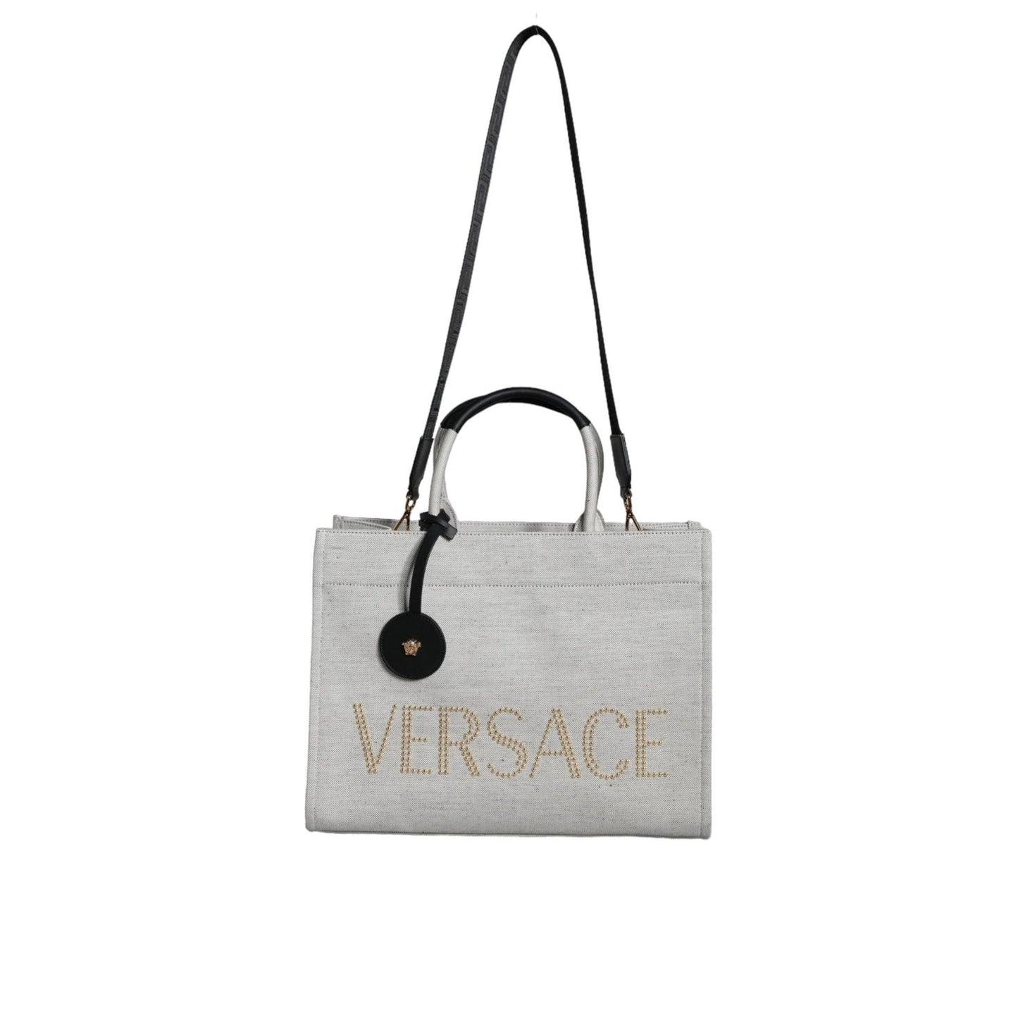 Versace White Top Handle Canvas Leather Logo Crossbody Tote Bag Versace
