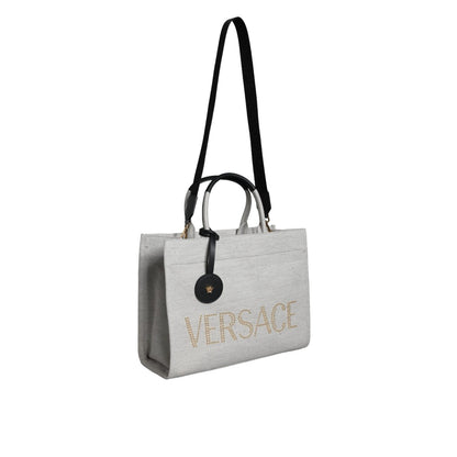 Versace White Top Handle Canvas Leather Logo Crossbody Tote Bag Versace