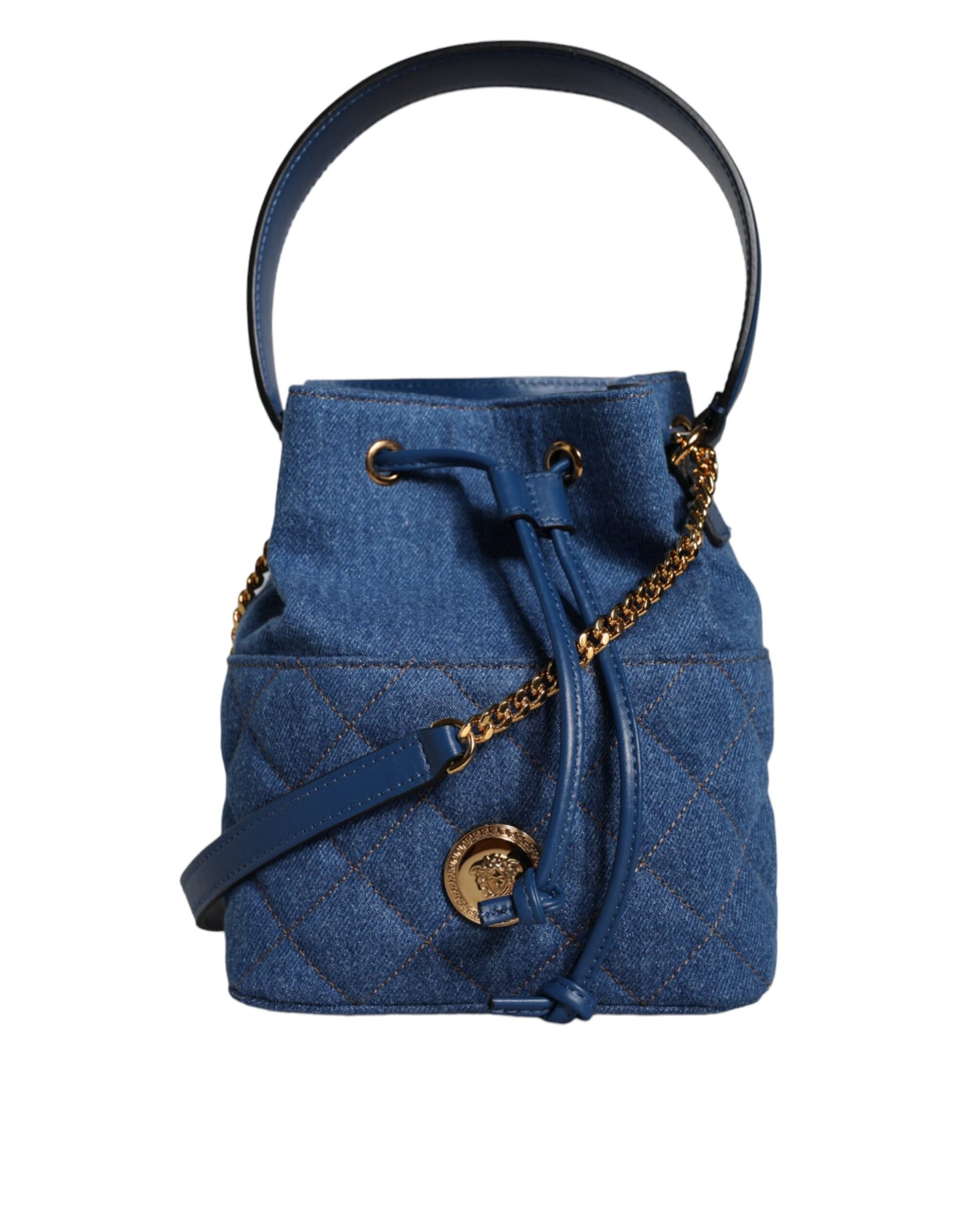 Versace Blue Quilted Denim Leather Crossbody Shoulder Bag Versace