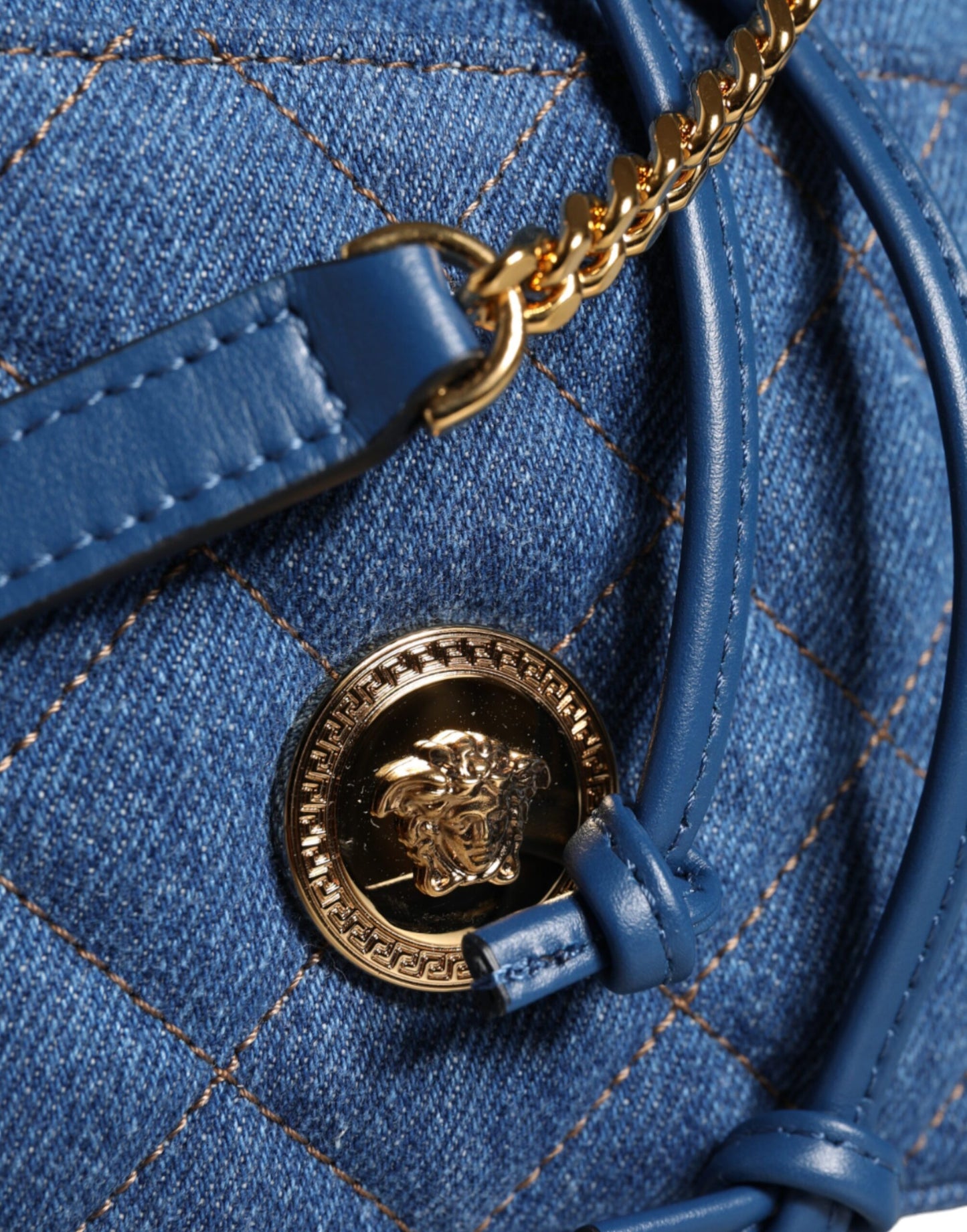 Versace Blue Quilted Denim Leather Crossbody Shoulder Bag Versace