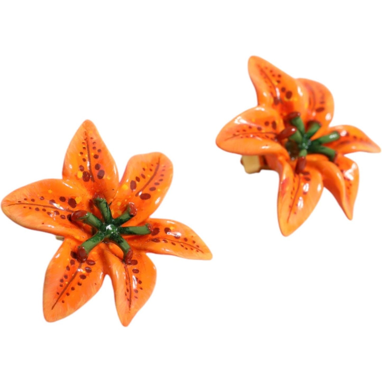 Dolce & Gabbana Orange Green Gold Brass Lily Flower Clip Floral Earrings Dolce & Gabbana