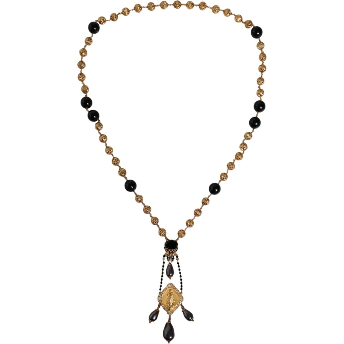 Dolce & Gabbana Gold Chain Brass Black Beaded Rosary Style Necklace Necklace Dolce & Gabbana