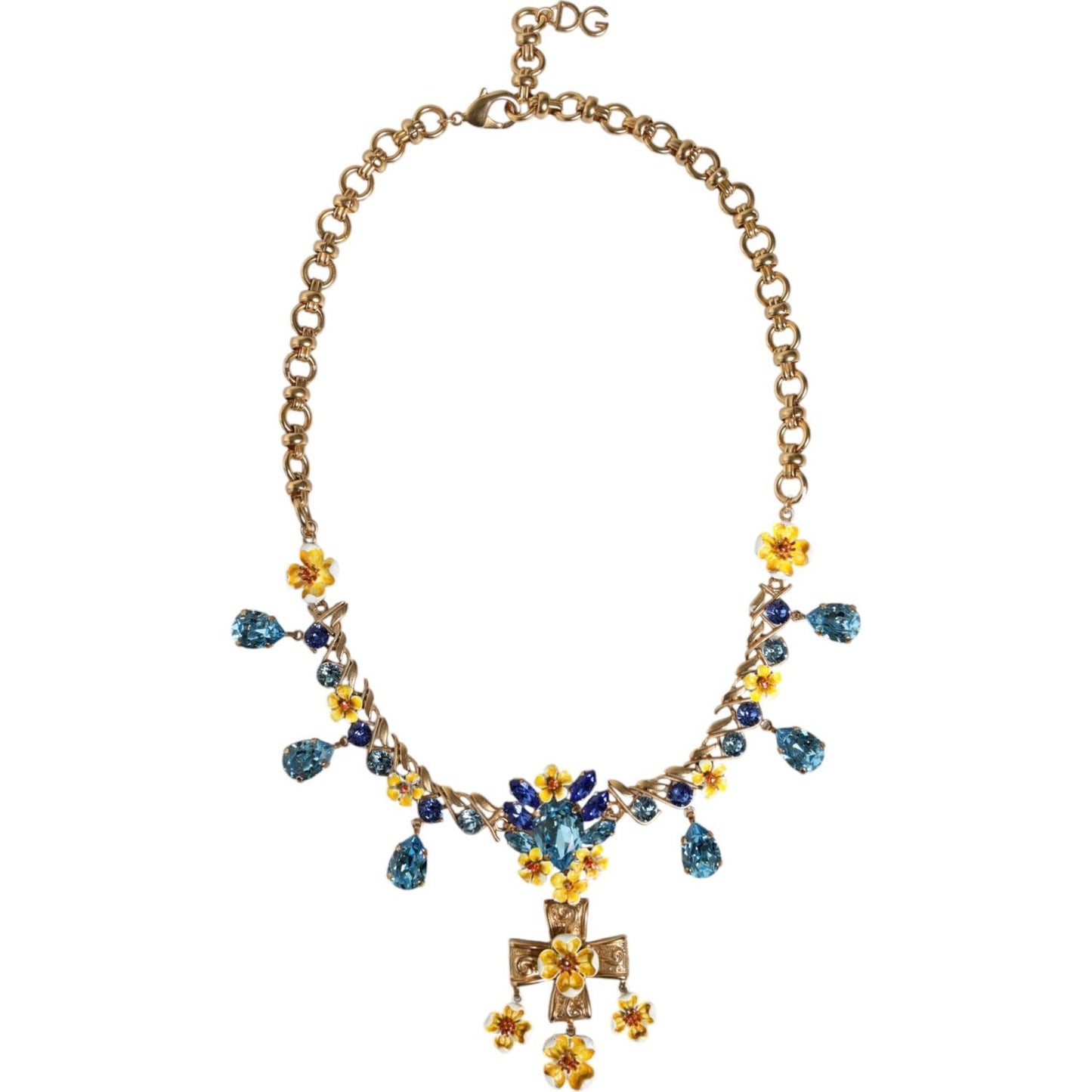 Dolce & Gabbana Gold Brass Chain Floral Crystal Cross Pendant Necklace Dolce & Gabbana