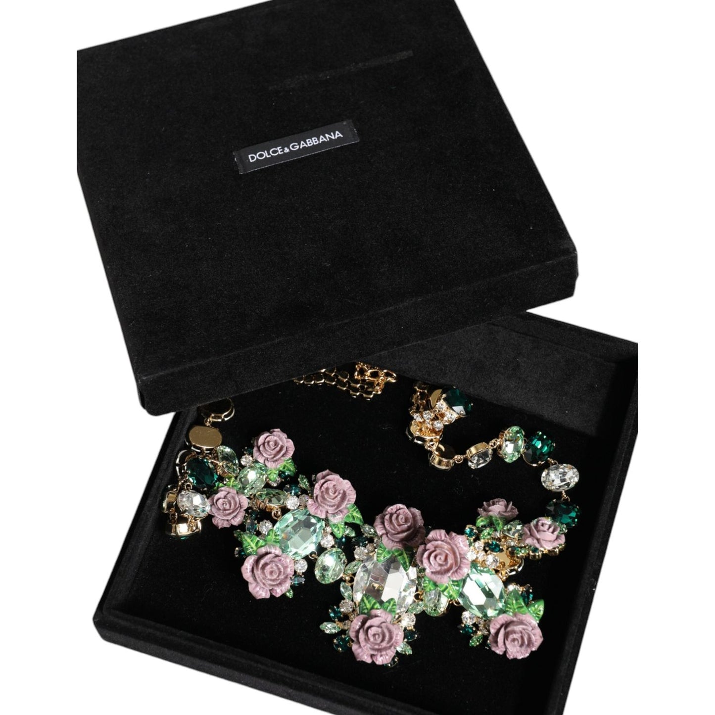 Dolce & Gabbana Gold Brass Link Chain Rose Petal Crystal Embellished Necklace Dolce & Gabbana