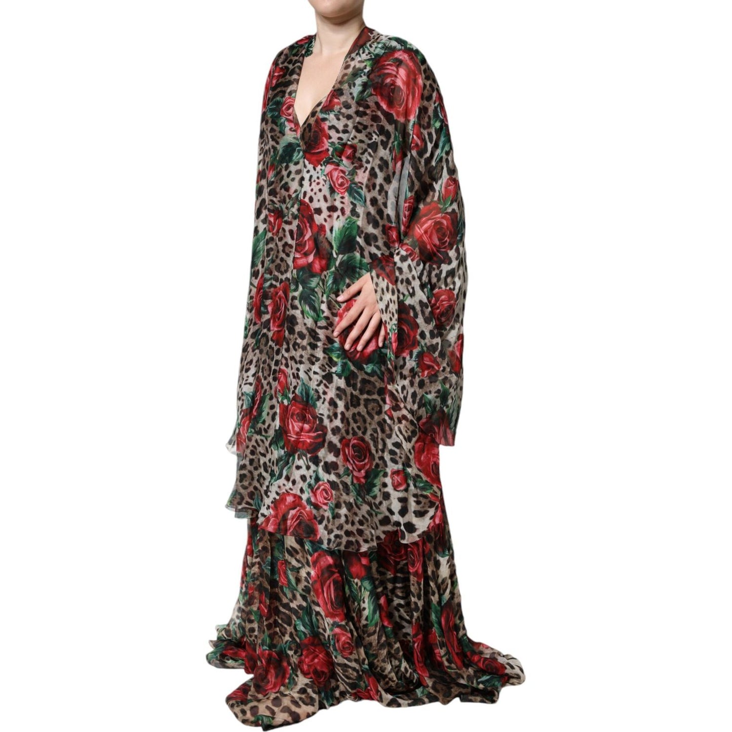 Dolce & Gabbana Brown Leopard Red Roses Silk Long Gown Dress Dolce & Gabbana